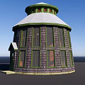 Round Shaped Detached House with White Roof Dark Brown Wooden Walls and Green Framed Windows