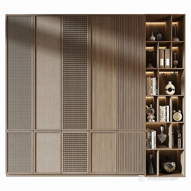 Modern Wooden Wall With Grid Design And Bookshelf Featuring Books And Decorations 3d model 