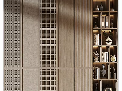 Modern Wooden Wall With Grid Design And Bookshelf Featuring Books And Decorations 3d model