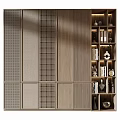Modern Wooden Wall With Grid Design And Bookshelf Featuring Books And Decorations