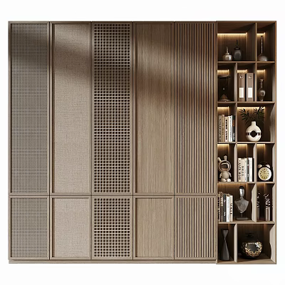 Modern Wooden Wall With Grid Design And Bookshelf Featuring Books And Decorations 3d model