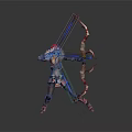 Red Haired Game Movie Character Wearing Red Gold Outfit Holding Bow With Blue Light Effects