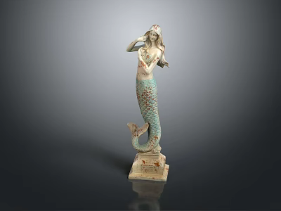 Artistic Mermaid Statue With Green Tail Standing On Decorative Base 3d model