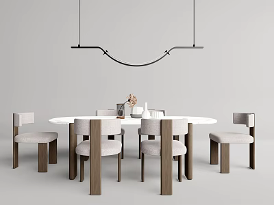 Modern Round Dining Table Set With Wooden Frame Chairs And Hanging Pendant Light 3d model