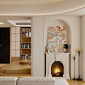 Modern Living Dining Room Interior With White Sofa Bookshelf Fireplace Circular Ceiling And Wooden Floor