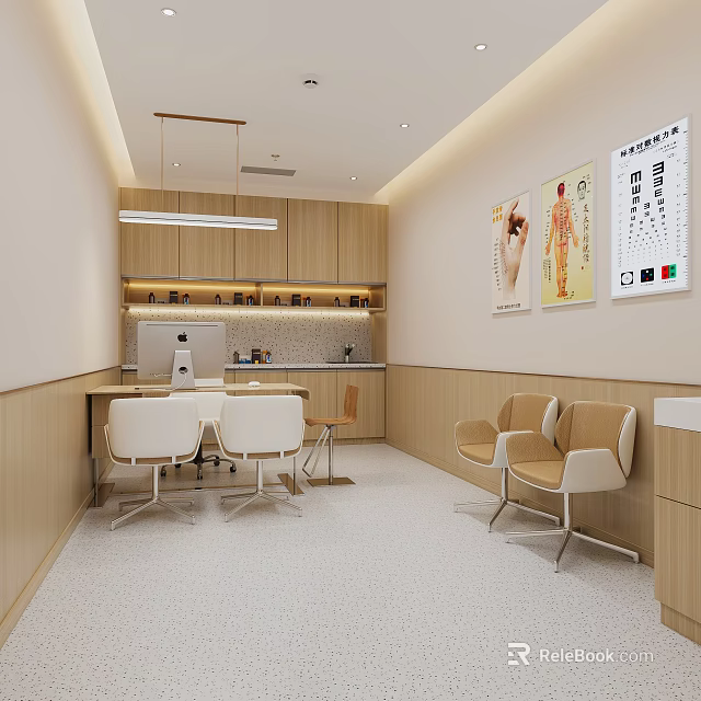 Modern Hospital Outpatient Clinic Interior With Wooden Wall Panels Comfortable Seats And Medical Charts 3d model 