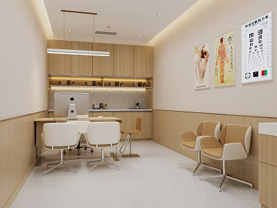 Modern Hospital Outpatient Clinic Interior With Wooden Wall Panels Comfortable Seats And Medical Charts 3d model