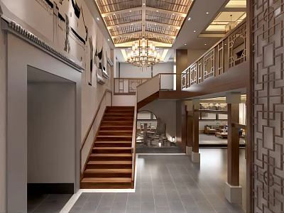 Chinese Style Lobby Interior With Wooden Staircase Traditional Chandelier And Carved Screens 3d model