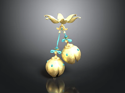 Golden Decorative Household Item With Flower Shaped Top And Blue Accented Bells 3d model