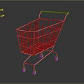 White Shopping Cart With Red Handle And Red Wheels On Reflective Dark Surface