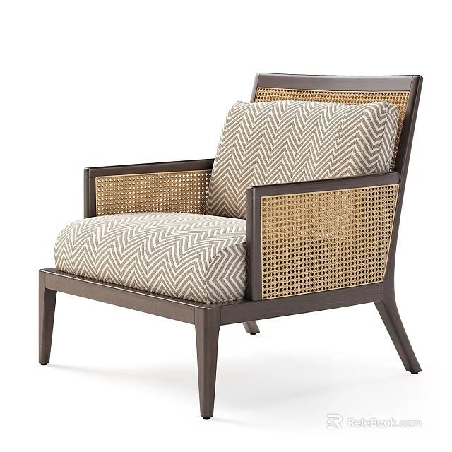 Modern Leisure Accent Chair With Wooden Frame Rattan Weave And Herringbone Pattern Cushion 3d model 