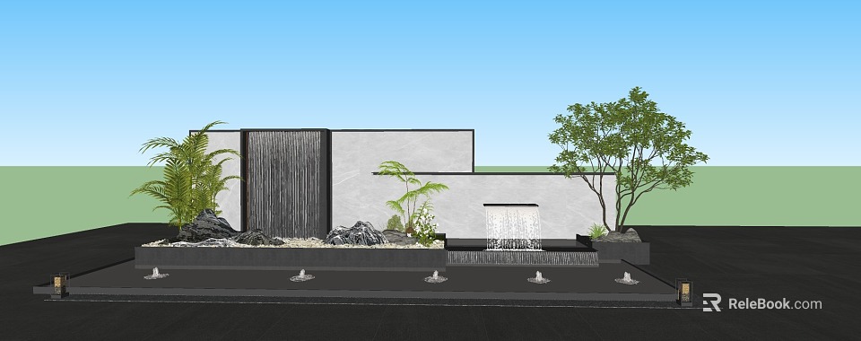 Outdoor Water Feature Wall Design With Waterfall Plants And Stone Decorations 3d model 