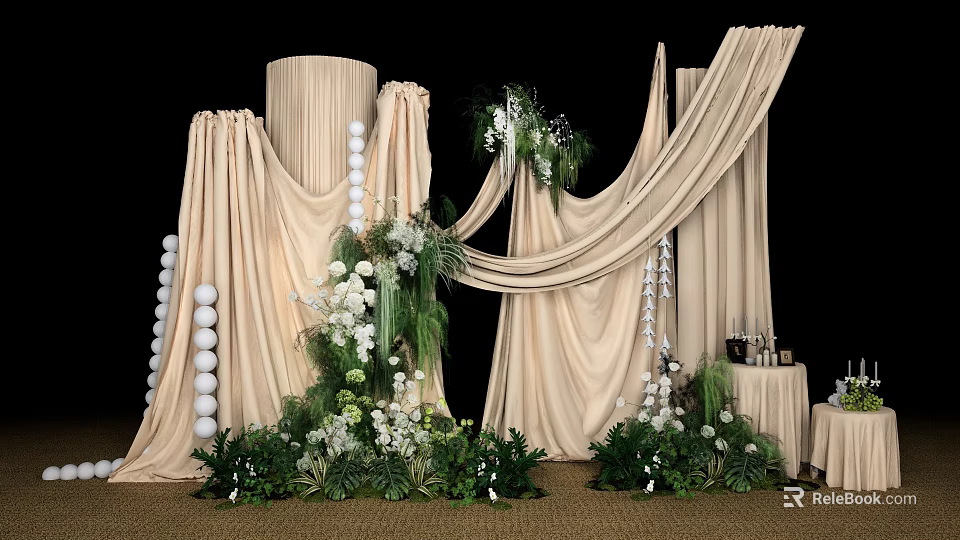 Elegant Floral Installation Featuring Beige Drapes White Flowers And Lush Greenery 3d model 