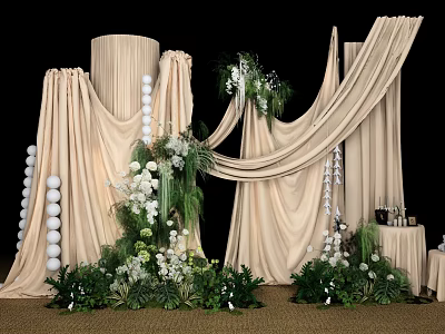 Elegant Floral Installation Featuring Beige Drapes White Flowers And Lush Greenery 3d model