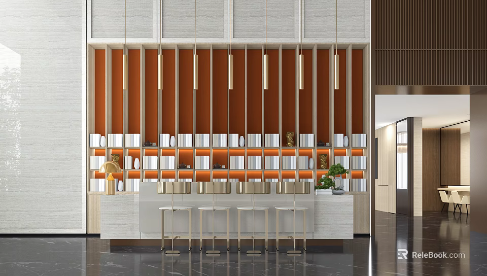 Modern Bar Counter Design With Orange Accent Wall White Shelves And Wooden Stools 3d model 