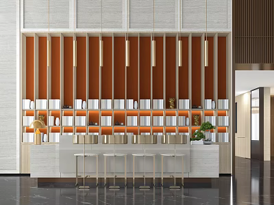 Modern Bar Counter Design With Orange Accent Wall White Shelves And Wooden Stools 3d model