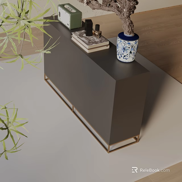 Modern Dark Gray Console Table With Golden Metal Frame And Decorative Vase Books Green Plants 3d model 