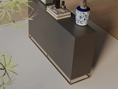 Modern Dark Gray Console Table With Golden Metal Frame And Decorative Vase Books Green Plants 3d model