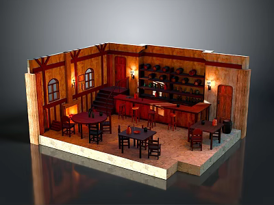 Vintage Pub Interior With Wooden Bar Counter Wine Racks And Wall Lamps 3d model