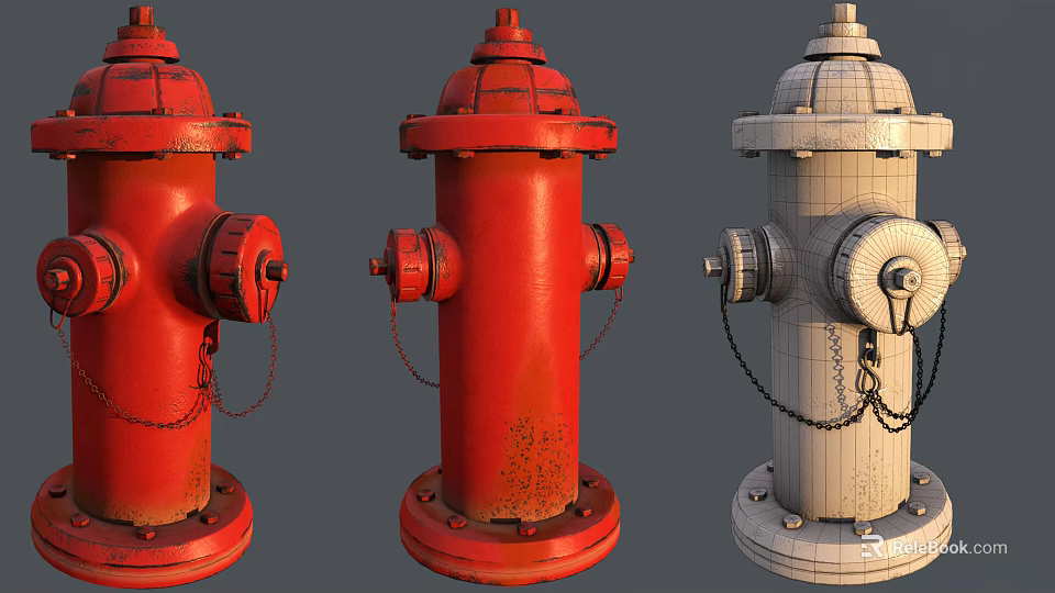 Three Fire Hydrants Featuring Red White Exteriors with Rust and Clean Finishes 3d model