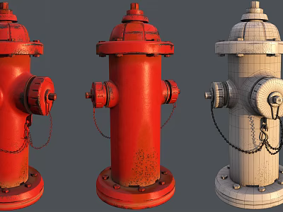 Three Fire Hydrants Featuring Red White Exteriors with Rust and Clean Finishes 3d model