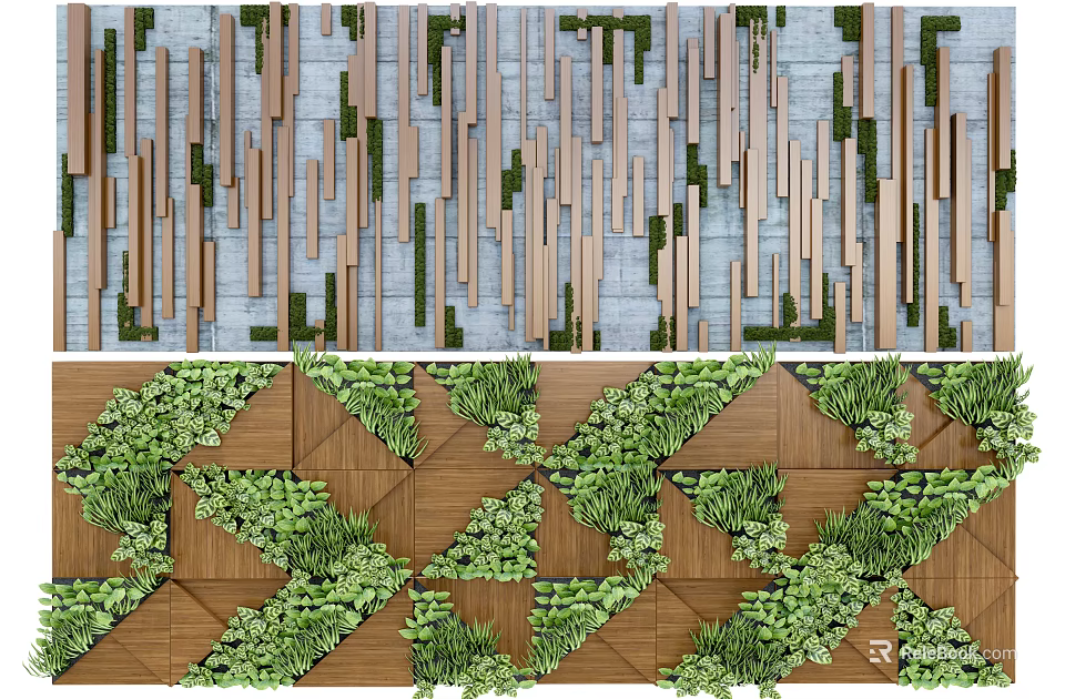 Modern Feature Wall Design With Wooden Slats Green Plants And Gray Background 3d model 