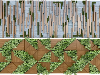 Modern Feature Wall Design With Wooden Slats Green Plants And Gray Background 3d model
