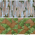 Modern Feature Wall Design With Wooden Slats Green Plants And Gray Background