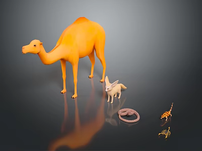 Orange Camel With Small Animals Like Fox Snake And Lizard On Dark Surface With Reflection 3d model