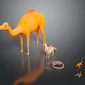 Orange Camel With Small Animals Like Fox Snake And Lizard On Dark Surface With Reflection