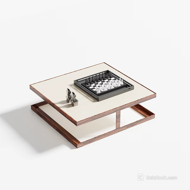 Modern Coffee Table With Walnut Frame Light Colored Top Chessboard And Decorative Ornament 3d model