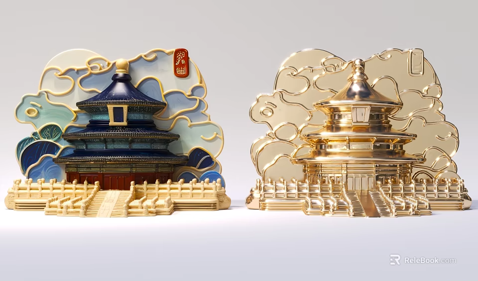 Chinese Traditional Temple Inspired Decorative Household Items With Gold Blue Designs 3d model 