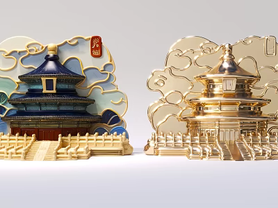 Chinese Traditional Temple Inspired Decorative Household Items With Gold Blue Designs 3d model