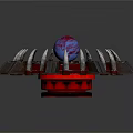 Futuristic Mechanical Building With Central Blue Red Sphere Metallic Spiked Structure And Illuminated Base