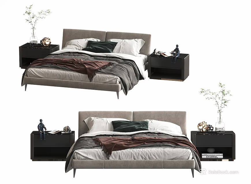 Stylish Double Bed with Gray Headboard Bedding and Nightstands Featuring Decorative Plants 3d model