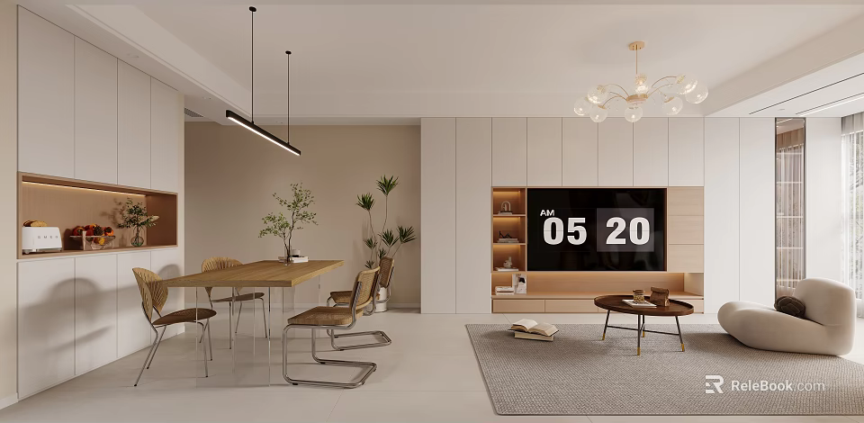 Modern Dining and Living Room With Dining Table Chairs Pendant Lights TV Wall Unit And Plants 3d model 