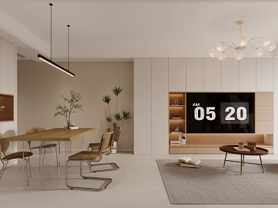 Modern Dining and Living Room With Dining Table Chairs Pendant Lights TV Wall Unit And Plants 3d model