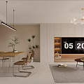 Modern Dining and Living Room With Dining Table Chairs Pendant Lights TV Wall Unit And Plants