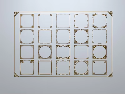 Intricate Sculpture Carvings Of Golden Borders With Various Shapes And Decorative Patterns In Grid Arrangement 3d model