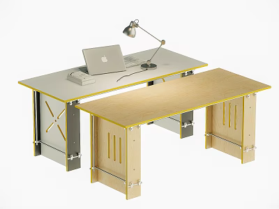 Modern Double Desk With Light And Natural Wood Tops Metal Wooden Frames Laptop Lamp Keyboard 3d model