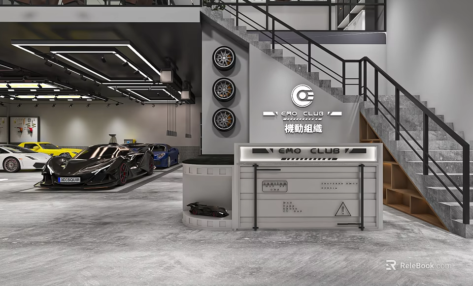 Automotive Showroom Interior With Luxury Cars Reception Desk And Tires 3d model 