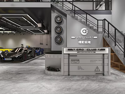 Automotive Showroom Interior With Luxury Cars Reception Desk And Tires 3d model