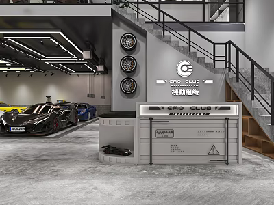 Automotive Showroom Interior With Luxury Cars Reception Desk And Tires 3d model