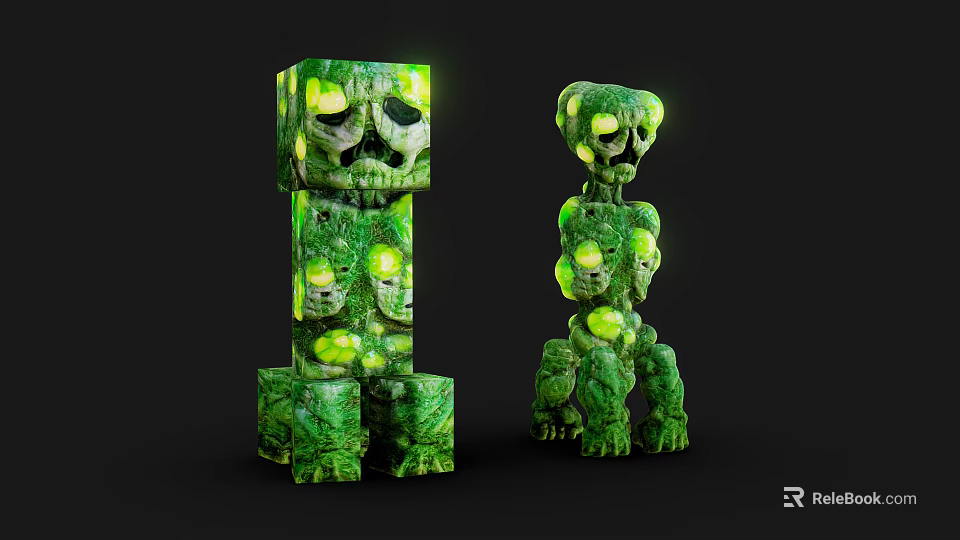 Green Mossy Stone Creatures With Glowing Yellow Eyes And Block Humanoid Forms 3d model 