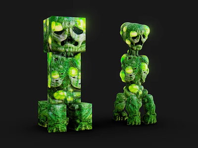 Green Mossy Stone Creatures With Glowing Yellow Eyes And Block Humanoid Forms 3d model
