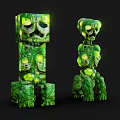 Green Mossy Stone Creatures With Glowing Yellow Eyes And Block Humanoid Forms 3d model