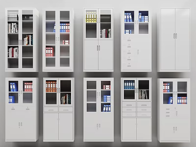 Modern White Bookcases With Glass Doors Closed Cabinets And Drawer Storage 3d model