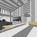 Modern Reception Desk in Lobby With Sofa Chairs Large Screen Plants and Natural Light Windows