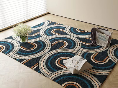 Square Rug with Circular Patterns in Blue Brown Beige for Indoor Wooden Floor Decoration 3d model
