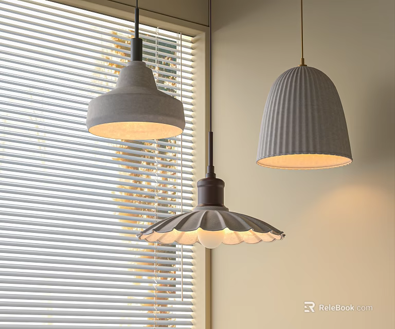 Modern Pendant Lights with Varied Designs Textured Shades Against Window Blinds Warm Glow Indoor Interior 3d model 
